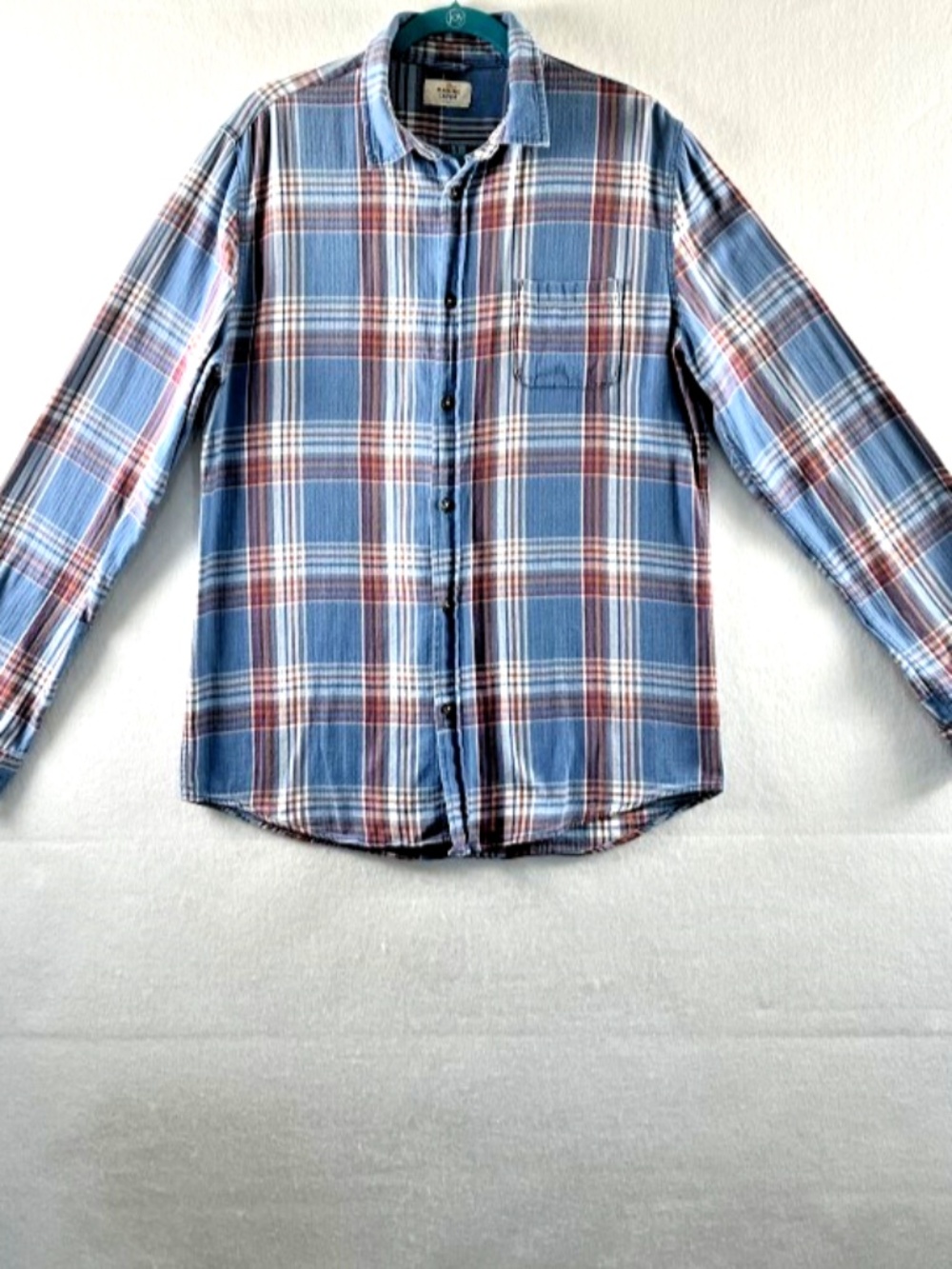 Marine Layer Shirt Men's Large Blue Red Selvage Plaid Long Sleeve Button Down